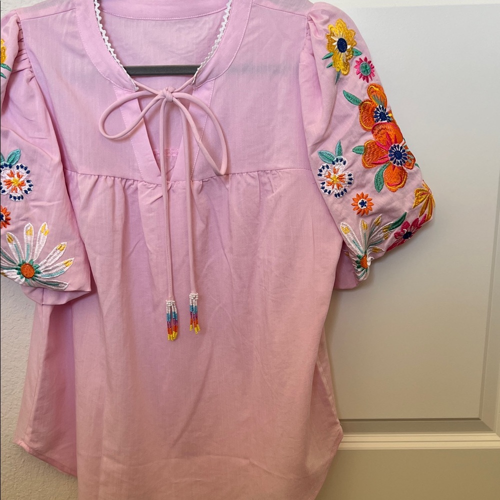 Amazon Light Pink Blouse with Floral Embroidery